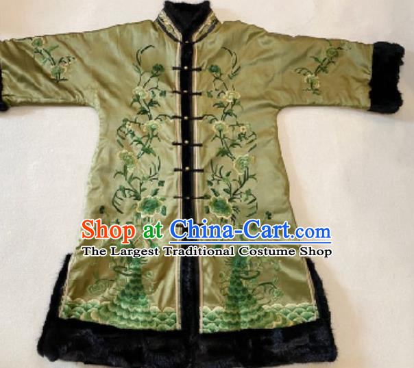 Chinese Light Green Silk Cotton Wadded Coat National Winter Costume Embroidered Peacock Peony Jacket