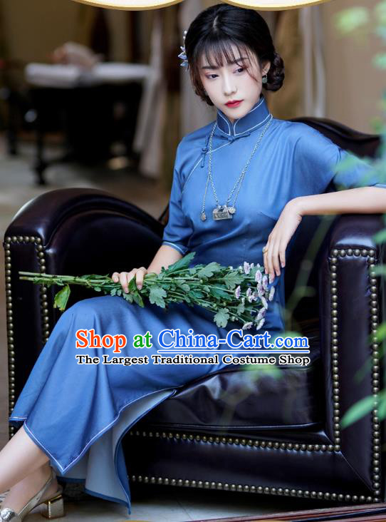 China Traditional Stand Collar Cheongsam Classical Dance Blue Qipao Dress