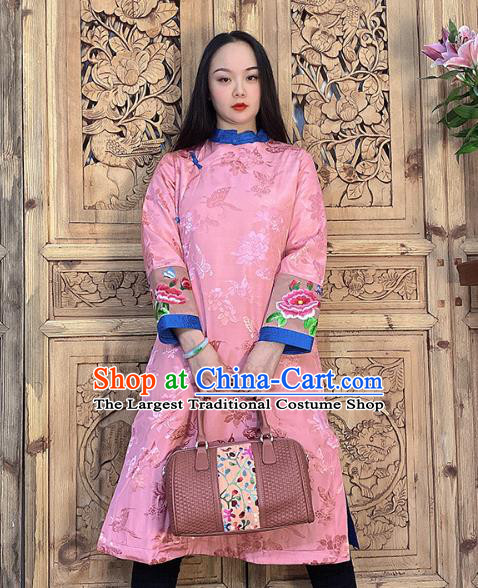 Chinese Woman Dust Coat Embroidery Pink Silk Long Gown Traditional Tang Suit Outer Garment