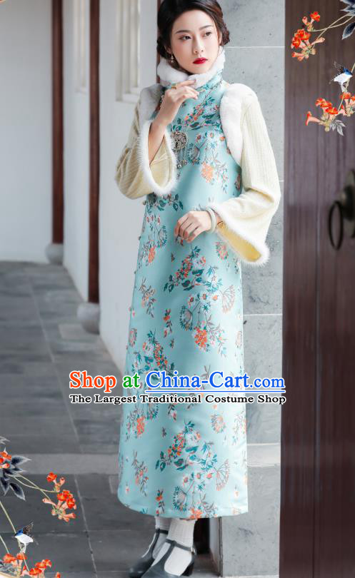 China National Winter Clothing Traditional Light Blue Cheongsam Classical Printing Qipao Dress