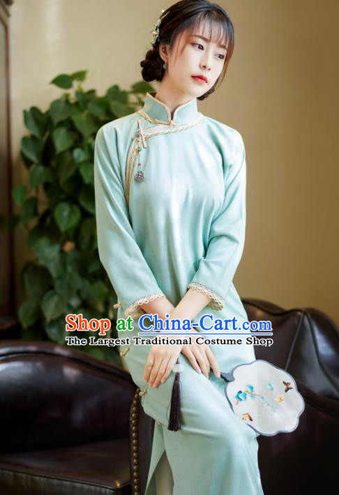 China Classical Slant Opening Qipao Dress National Retro Clothing Traditional Light Blue Cheongsam