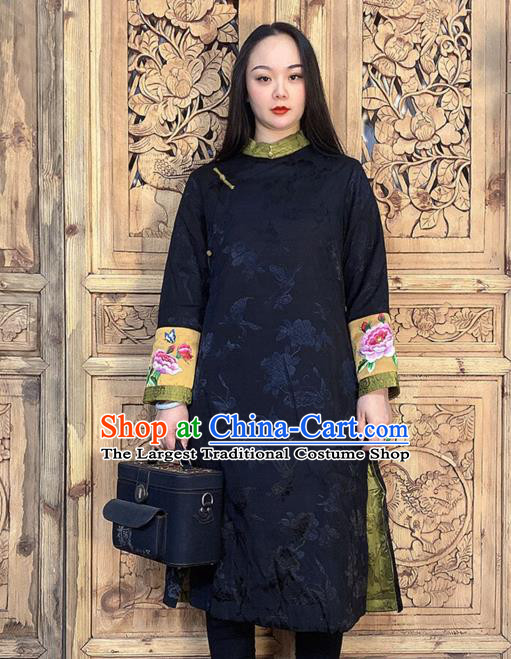 Chinese Black Silk Long Gown Traditional Tang Suit Overcoat Woman Embroidery Dust Coat