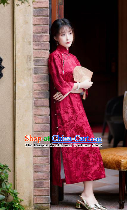 China Red Silk Cheongsam Traditional Stand Collar Qipao Dress Classical Wedding Clothing