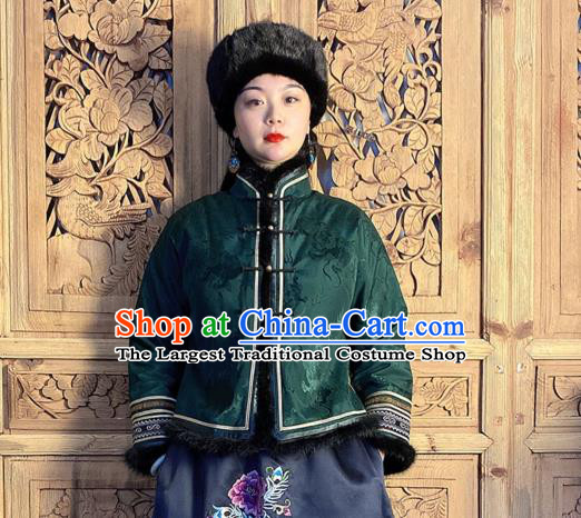 Chinese Green Silk Cotton Wadded Jacket Traditional Tang Suit Overcoat Woman Embroidered Short Coat