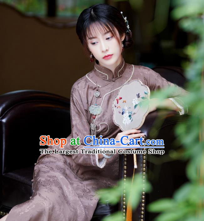 Republic of China Traditional Stand Collar Qipao Dress Classical Clothing Brown Silk Cheongsam