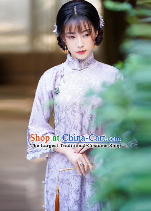 Republic of China Classical Clothing Rich Lady Cheongsam Traditional Purple Silk Qipao Dress