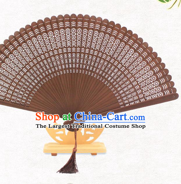 Chinese Carving Fan Classical Accordion Handmade Hollow Brown Bamboo Folding Fan