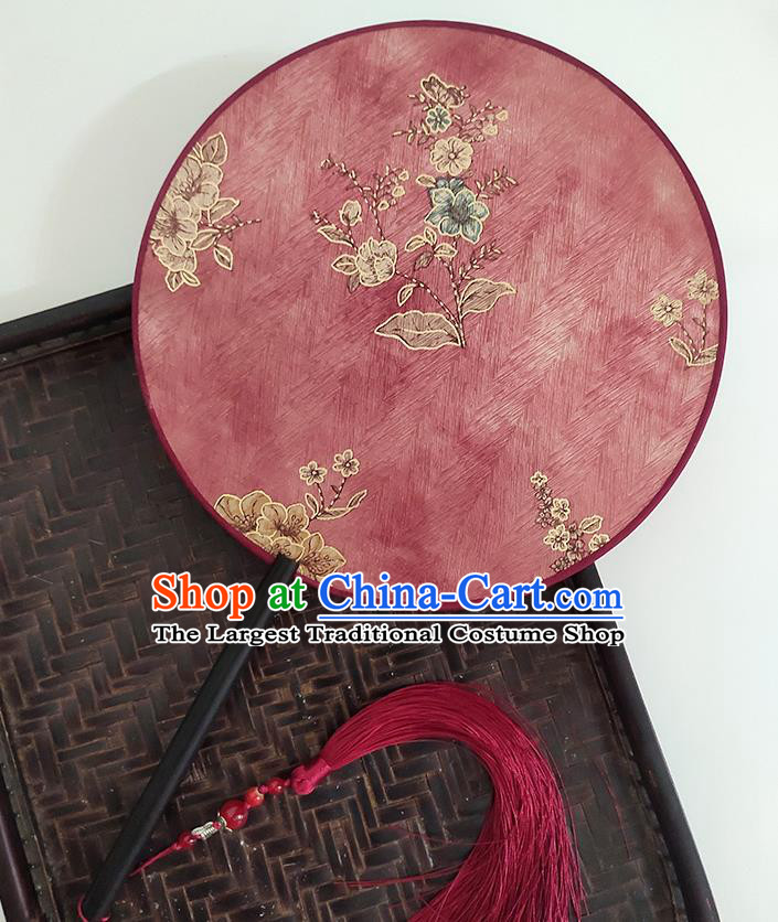 China Classical Wedding Fan Handmade Circular Fan Printing Flowers Red Silk Fan