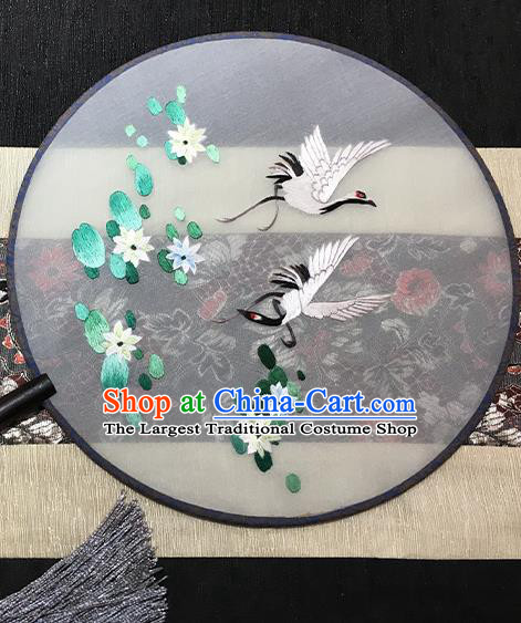 China Traditional Embroidered Crane Lotus Palace Fan Classical Dance Silk Fan Handmade Circular Fan