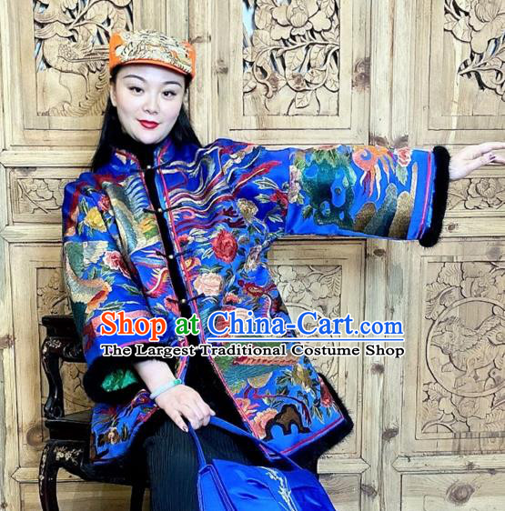 Chinese Woman Embroidered Phoenix Cotton Wadded Coat Traditional Tang Suit Blue Silk Clothing