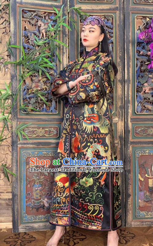 Chinese Embroidered Black Silk Dust Coat Traditional Long Gown Women Outer Garment Clothing