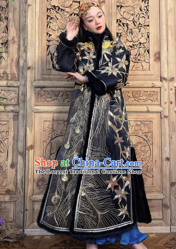 Chinese Traditional National Clothing Women Winter Outer Garment Embroidered Peacock Black Silk Dust Coat