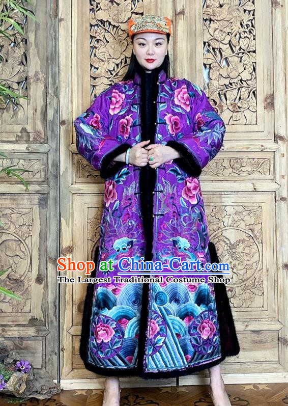 Chinese Women Winter Embroidered Peony Outer Garment Purple Silk Dust Coat Traditional National Clothing