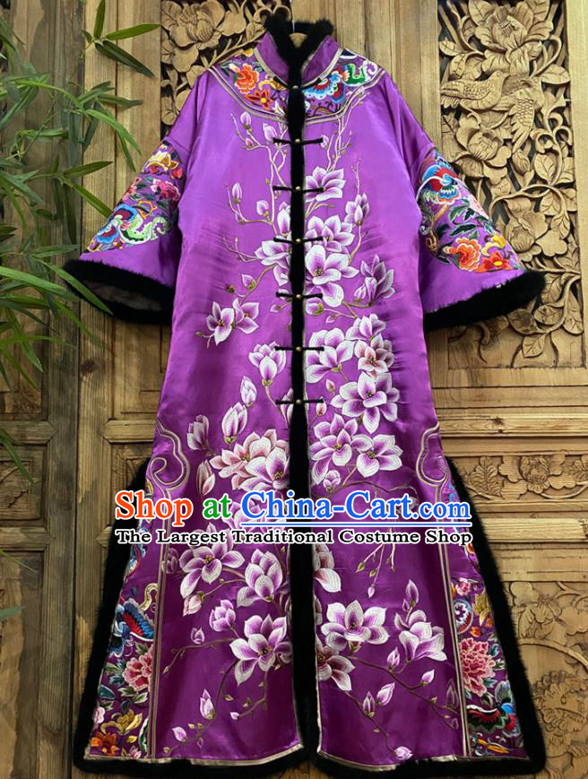 Chinese Women Winter Outer Garment Traditional National Clothing Embroidered Mangnolia Purple Silk Dust Coat