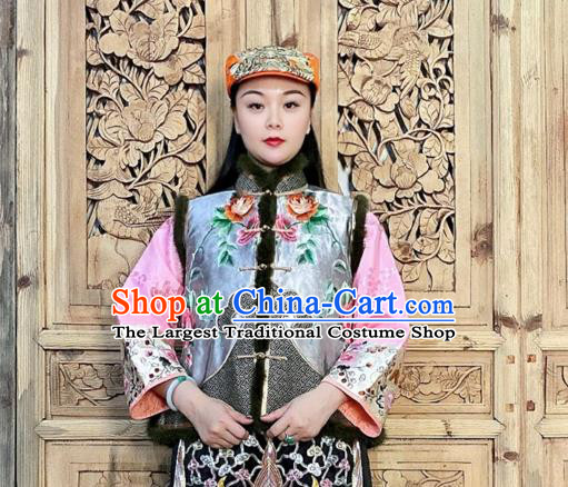 Chinese Traditional Winter Clothing Embroidered Vest Grey Silk Waistcoat