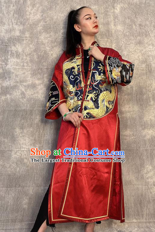 Chinese Traditional National Costume Tang Suit Overcoat Embroidered Dragon Red Silk Dust Coat