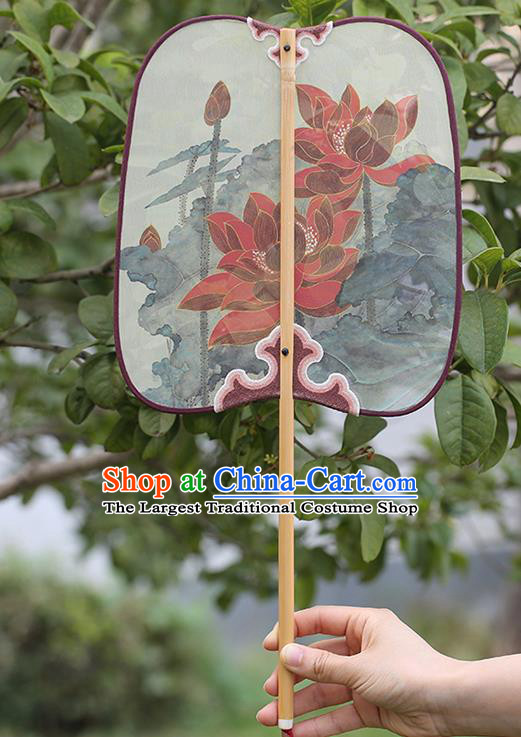 China Traditional Printing Red Lotus Palace Fan Classical Dance Fan Handmade Hanfu Silk Fan