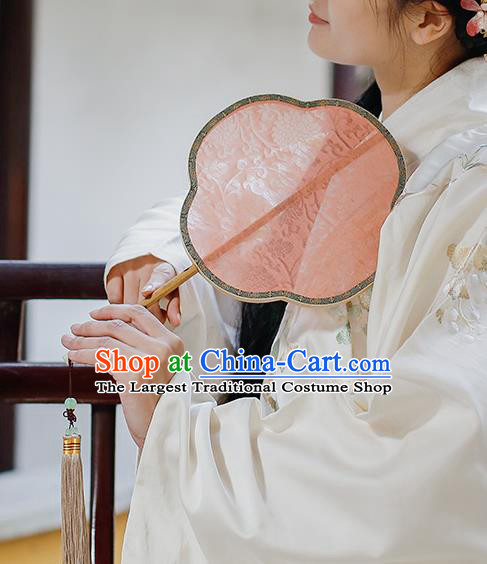 China Traditional Song Dynasty Princess Fan Handmade Palace Fan Classical Jacquard Pink Silk Fan