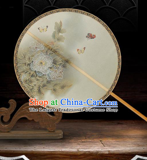 China Traditional Palace Fan Classical Peony Pattern Beige Silk Fan Handmade Hanfu Circular Fan