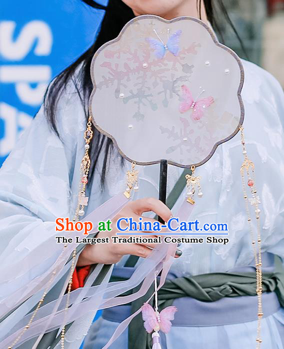 China Handmade Palace Fan Traditional Jin Dynasty Princess Silk Fan Classical Ribbon Tassel Fan