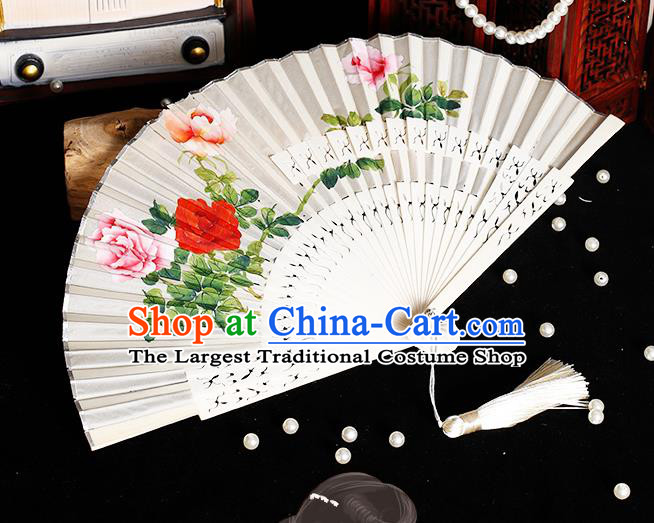 Chinese Hand Painting Rose Folding Fan Classical Fan Hollow Bones Accordion