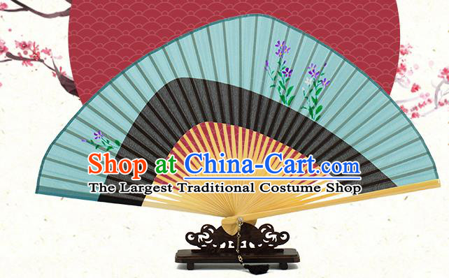 Chinese Printing Green Silk Fan Traditional Kung Fu Accordion Handmade Tai Chi Folding Fan