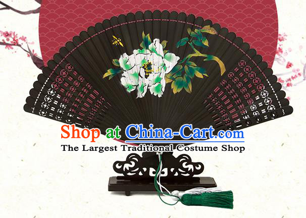 Chinese Handmade Kung Fu Folding Fan Traditional Printing Peony Black Bamboo Fan