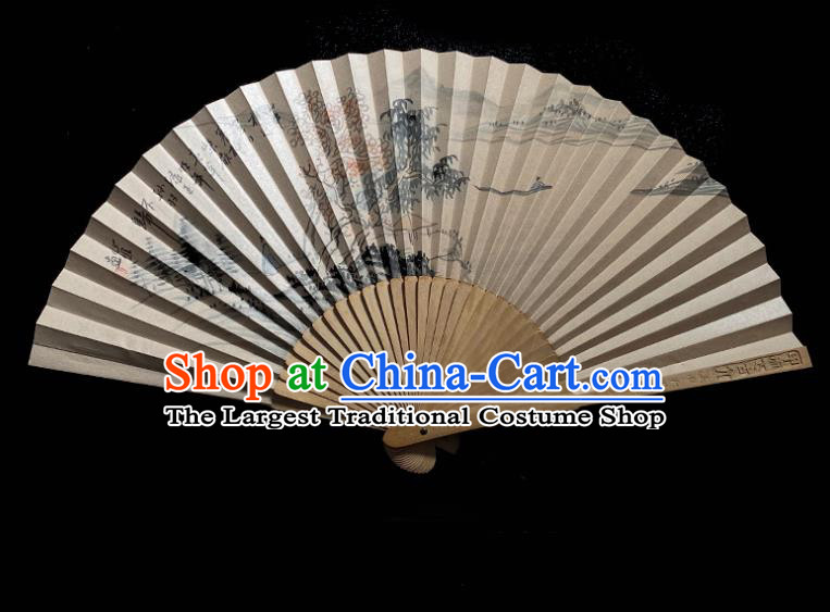 Chinese Ink Painting Accordion Classical Sandalwood Fan Handmade Folding Fan