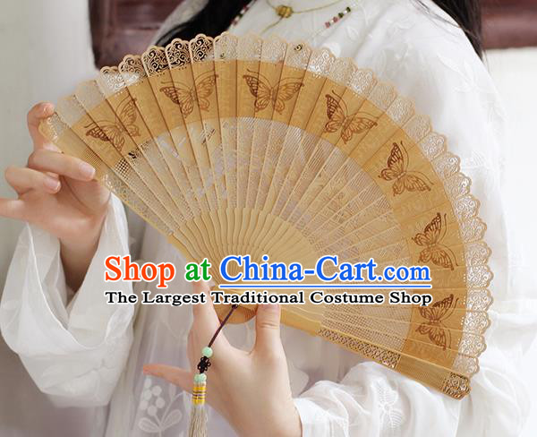 Chinese Printing Butterfly Folding Fan Traditional Hollow Fan Handmade Sandalwood Fan