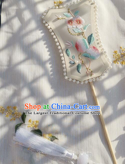 China Classical Pearls Fan Traditional Jin Dynasty Princess Silk Fan Handmade Embroidered Peach Flowers Palace Fan