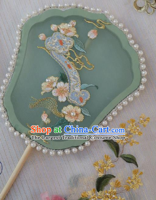China Traditional Hanfu Pearls Fan Handmade Embroidered Ruyi Palace Fan Classical Green Silk Fan