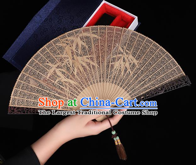 Chinese Handmade Fan Craft Classical Carving Bamboo Folding Fan Hollow Sandalwood Accordion