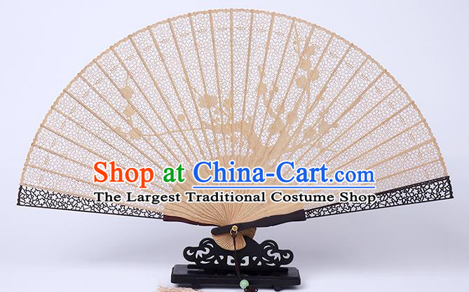 Chinese Classical Carving Plum Folding Fan Hollow Sandalwood Accordion Handmade Fan Craft