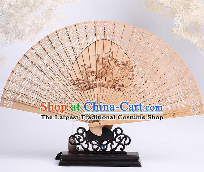 Chinese Handmade Hollow Sandalwood Accordion Classical Folding Fan Printing Crane Fan Craft