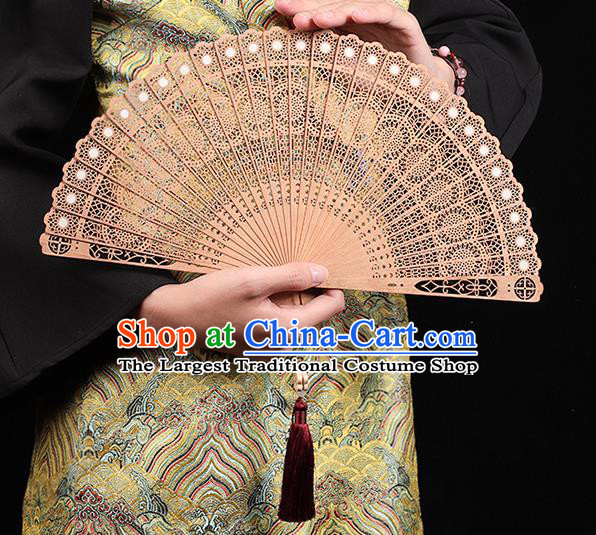 Chinese Handmade Sandalwood Fan Traditional Carving Peacock Feather Accordion Classical Folding Fan