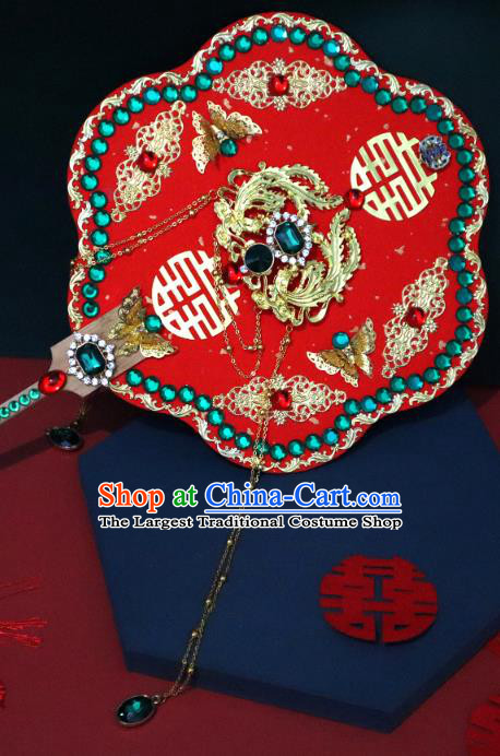 China Handmade Green Crystal Palace Fan Classical Bride Red Fan Traditional Wedding Silk Fan