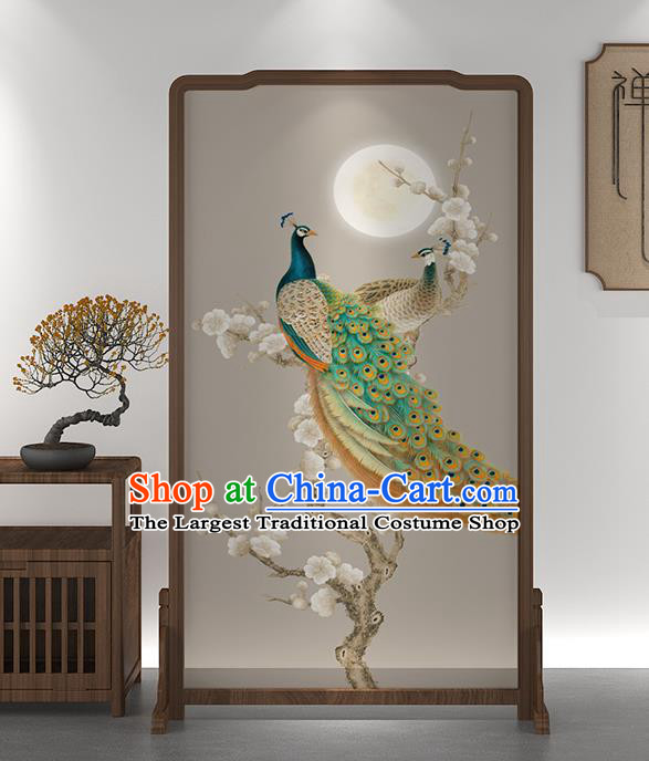 Chinese Handmade Wood Screen Printing Peacock Plum Folding Screen