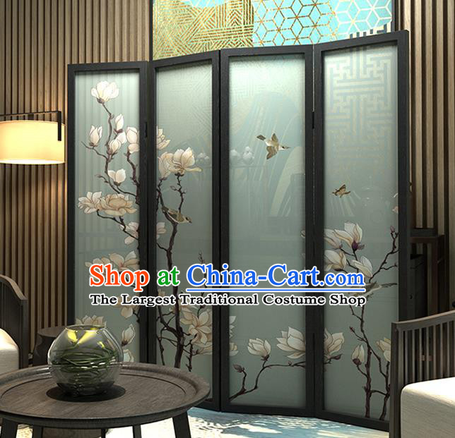 Chinese Handmade Rosewood Screen Printing Mangnolia Folding Screens