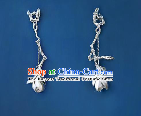 China Handmade Ear Accessories Traditional Cheongsam Silver Mangnolia Earrings