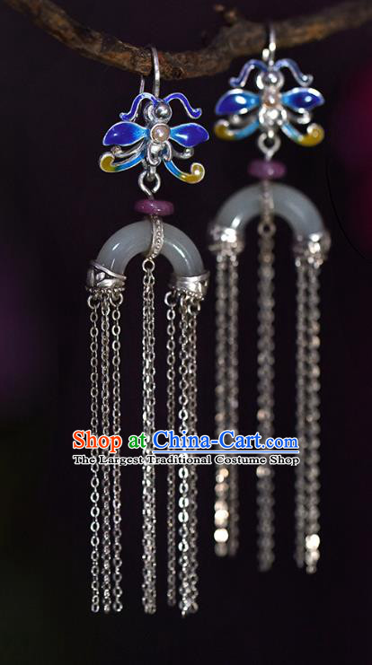 China Handmade Silver Tassel Ear Accessories Traditional Cheongsam Cloisonne Dragonfly Jade Earrings