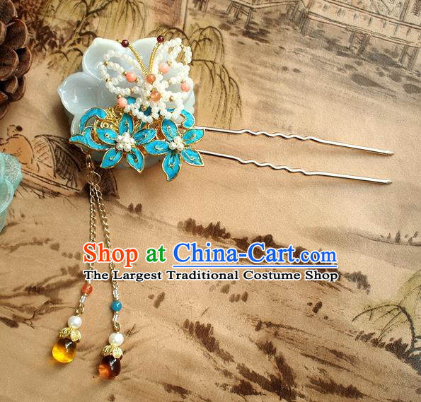 Chinese Handmade Ancient Princess Beads Butterfly Tassel Hairpin Traditional Qing Dynasty Court Hair Accessories