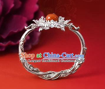 Chinese Traditional Silver Carving Peony Wristlet Accessories National Cheongsam Agate Bracelet