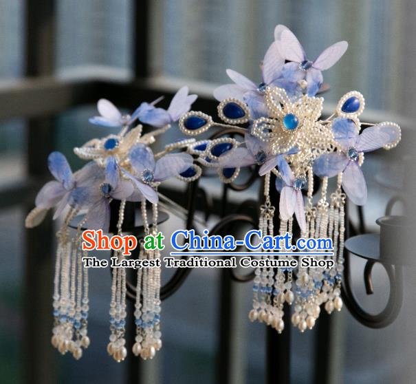 Chinese Traditional Ming Dynasty Hair Accessories Ancient Princess Blue Butterfly Pearls Tassel Hairpin