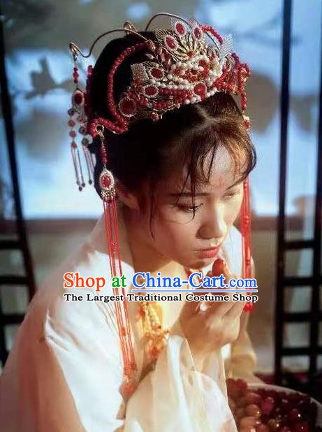 Chinese Ancient Princess Red Tassel Hair Crown Traditional Tang Dynasty Wedding Hair Accessories