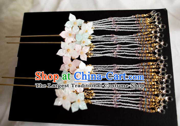 Chinese Ancient Princess Beads Tassel Hair Stick Traditional Ming Dynasty Palace Lady Shell Flowers Hairpin