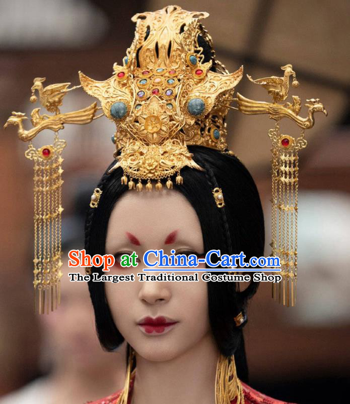 Chinese Ancient Imperial Empress Golden Hair Crown and Tassel Hairpins Movie Qing Ya Ji Princess Changping Headwear