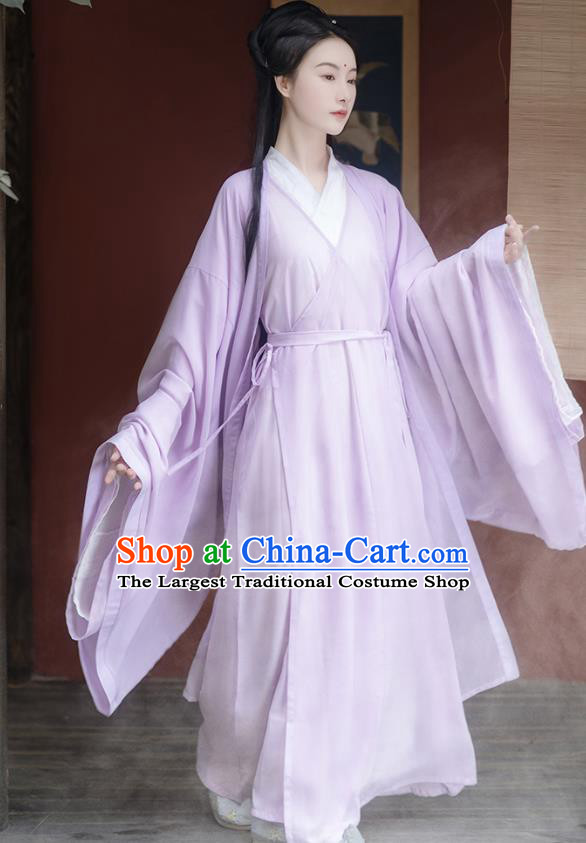 China Ancient Fairy Lilac Chiffon Hanfu Dress Traditional Jin Dynasty Young Beauty Historical Clothing