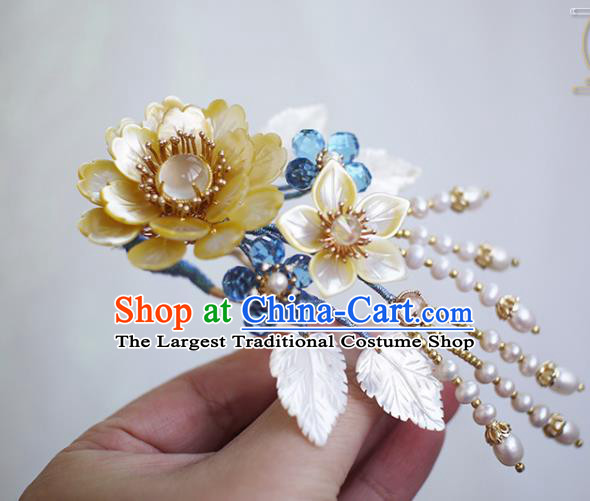 Chinese Ancient Princess Pearls Hairpin Traditional Hanfu Yellow Shell Peony Hair Stick