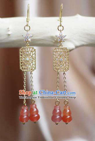 China Handmade Agate Gourd Tassel Earrings Traditional Ming Dynasty Empress Ear Jewelry