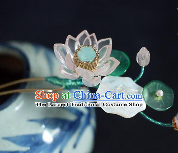 Chinese Ancient Princess Shell Hairpin Traditional Ming Dynasty Pink Lotus Hair Stick